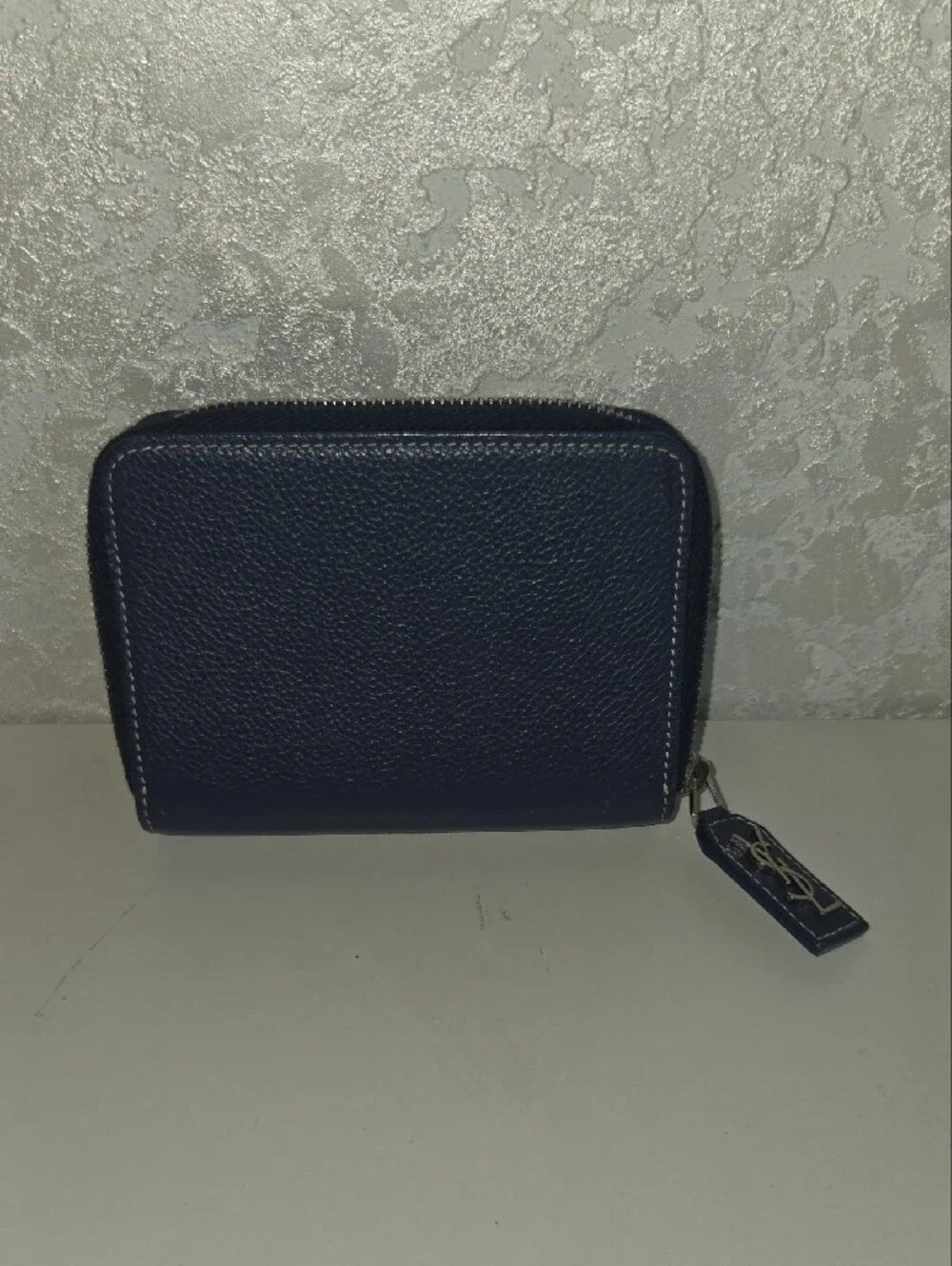 Saint Laurent Navy Pebbled Zip Wallet with Gold Logo Tag